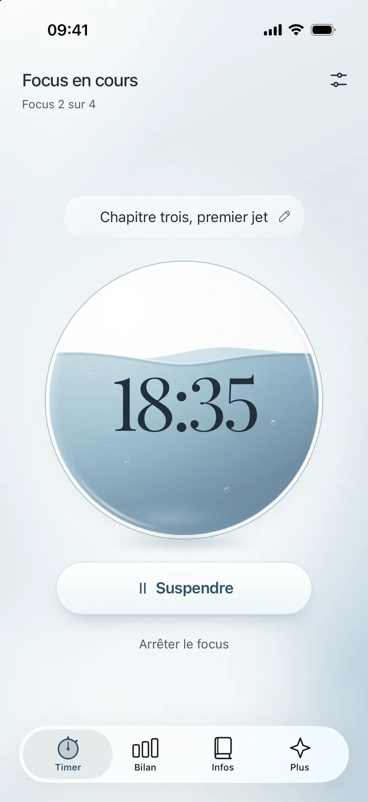 L’écran Timer de Calm Pomodoro pendant un focus : l’intention « Chapitre trois, premier jet », Focus 2 sur 4, 18 minutes et 35 secondes restantes, et le bouton Suspendre.