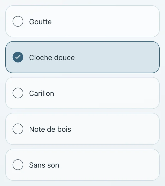 La liste Son de fin : Goutte, Cloche douce, choisie, Carillon, Note de bois et Sans son.